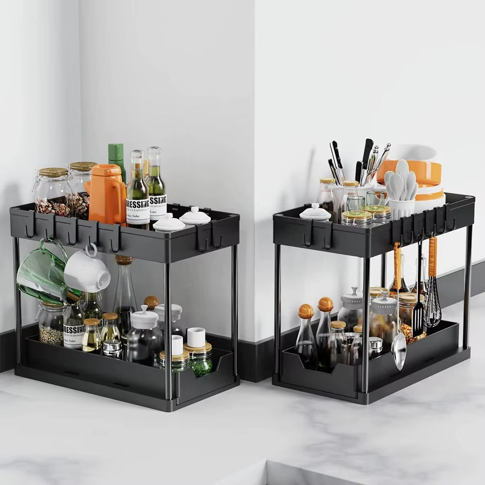 Pullable Double-Layer Storage Rack, Kitchen Sink Disassembly and Storage Countertop, Spice Rack, Seasoning Storage Rack