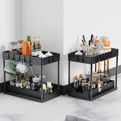 Pullable Double-Layer Storage Rack, Kitchen Sink Disassembly and Storage Countertop, Spice Rack, Seasoning Storage Rack