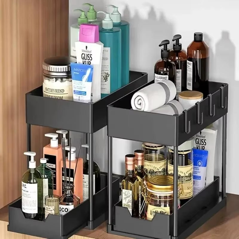 Pullable Double-Layer Storage Rack, Kitchen Sink Disassembly and Storage Countertop, Spice Rack, Seasoning Storage Rack