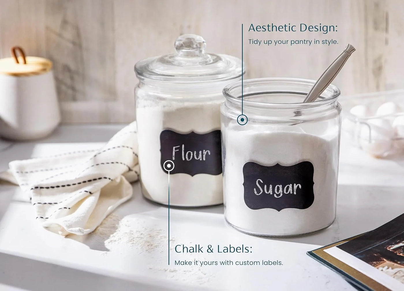 Glass Storage Containers with Lids, 1/2 Gallon, Set of 2, Airtight Kitchen Jars for Pantry, Bathroom Canisters, Dishwasher Safe with Chalk & Labels