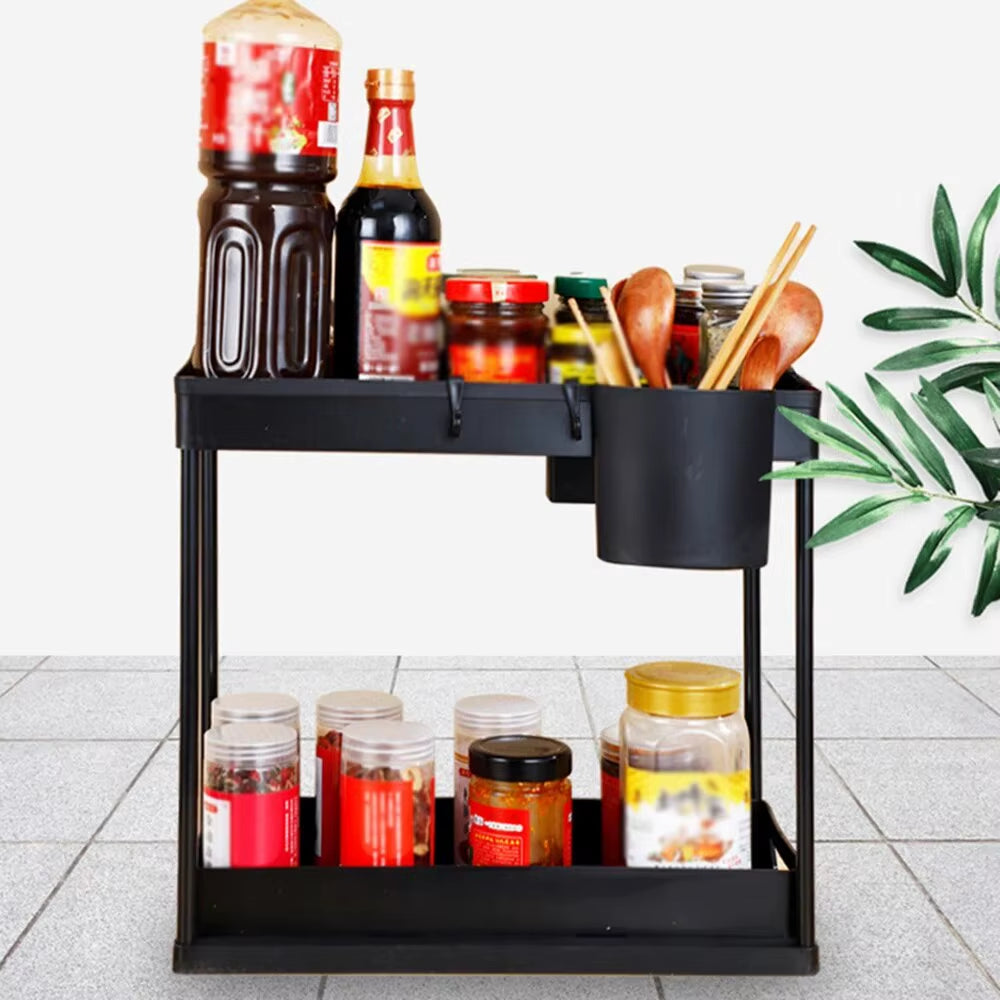 Pullable Double-Layer Storage Rack, Kitchen Sink Disassembly and Storage Countertop, Spice Rack, Seasoning Storage Rack