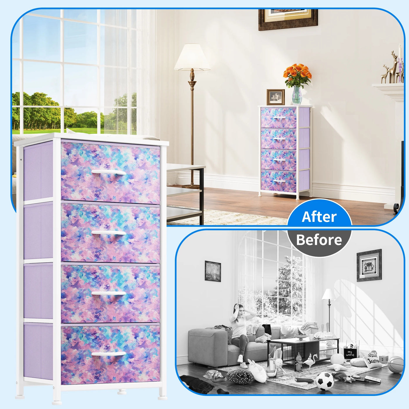 4-Drawer Dresser, Storage Organizer for Bedroom & Nursery, Tie-Dye Purple, Adults & Kids