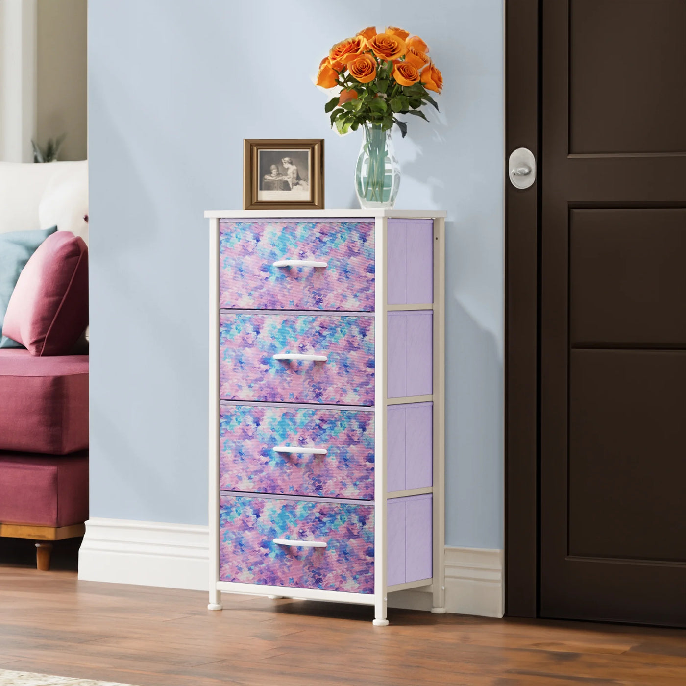 4-Drawer Dresser, Storage Organizer for Bedroom & Nursery, Tie-Dye Purple, Adults & Kids
