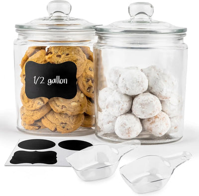 Glass Storage Containers with Lids, 1/2 Gallon, Set of 2, Airtight Kitchen Jars for Pantry, Bathroom Canisters, Dishwasher Safe with Chalk & Labels