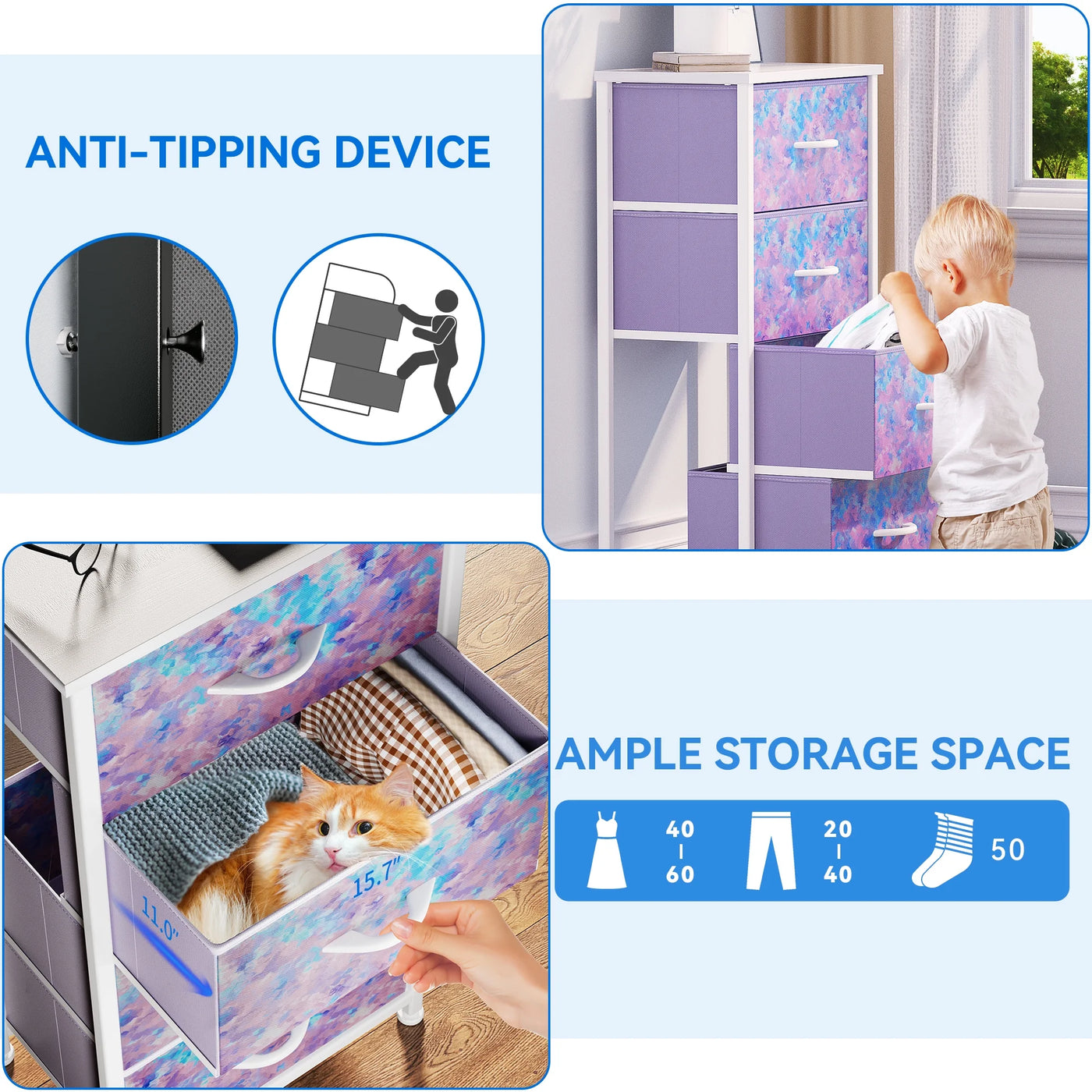 4-Drawer Dresser, Storage Organizer for Bedroom & Nursery, Tie-Dye Purple, Adults & Kids