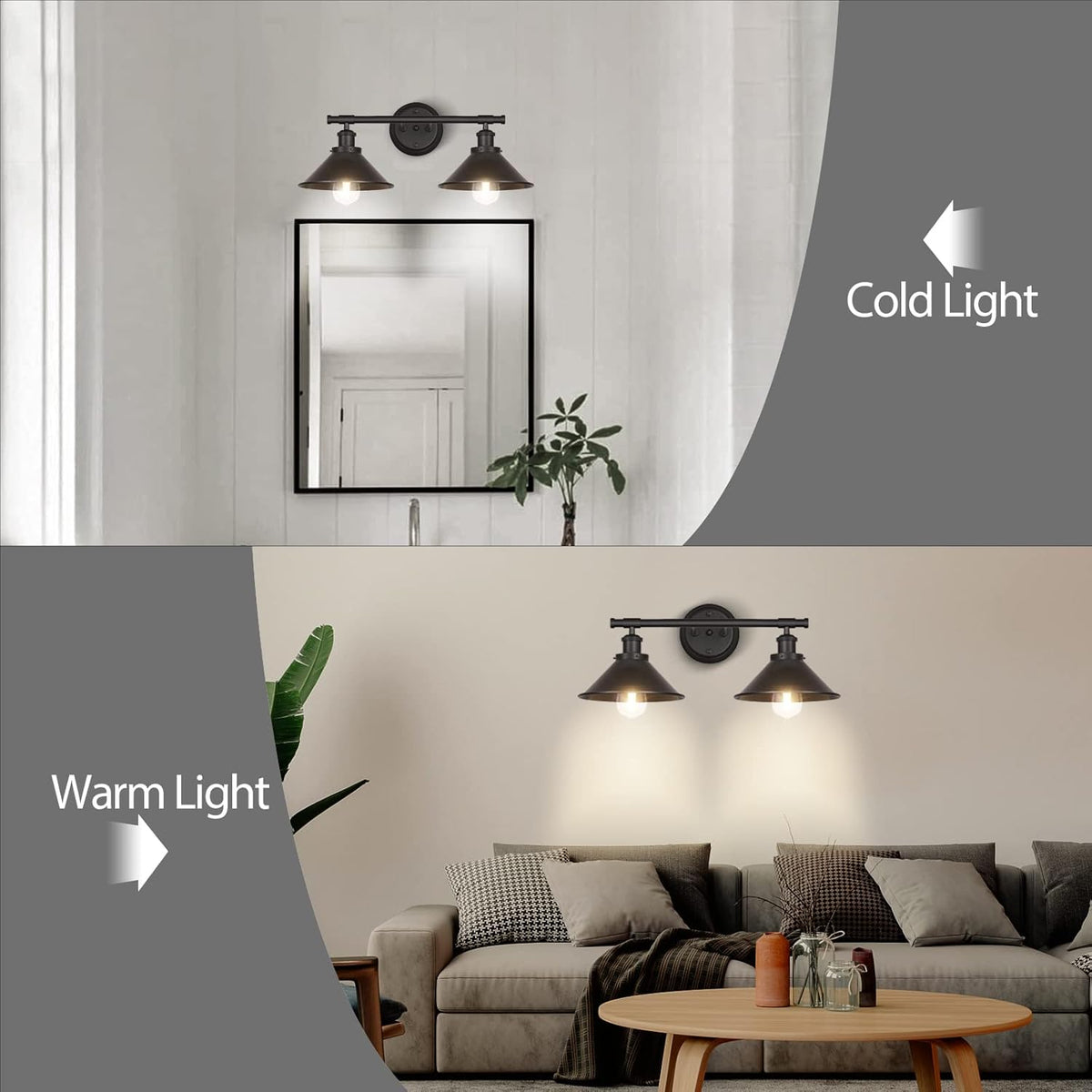 Black 2-Light Vanity Wall Sconce Lighting, Farmhouse Bathroom Wall Light Fixture