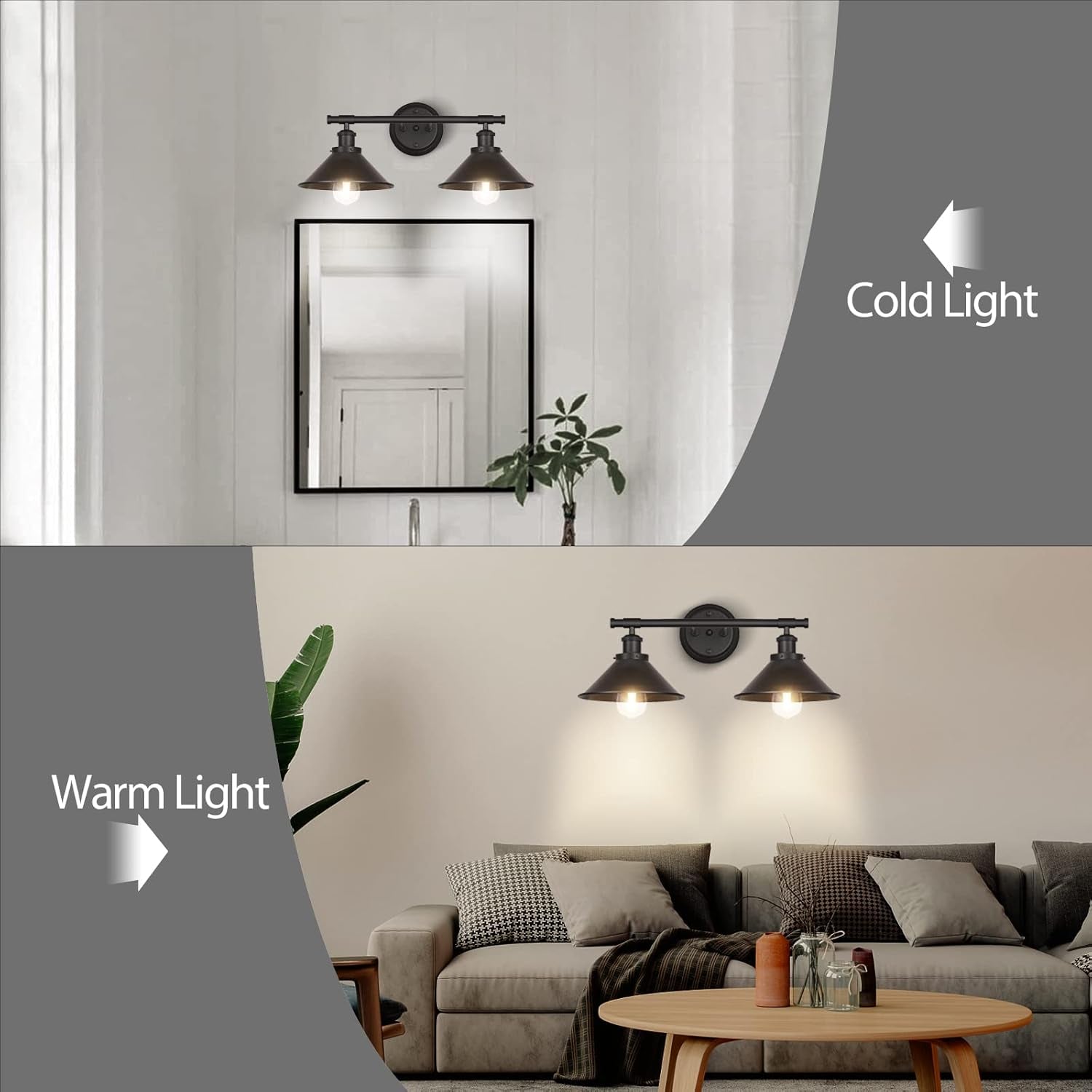 Black 2-Light Vanity Wall Sconce Lighting, Farmhouse Bathroom Wall Light Fixture