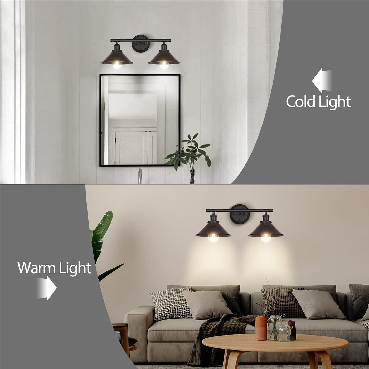 Black 2-Light Vanity Wall Sconce Lighting, Farmhouse Bathroom Wall Light Fixture